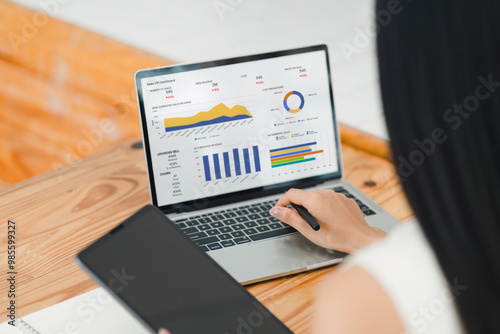 Businesswoman interacts with a digital sales dashboard displaying various performance metrics and analytics.