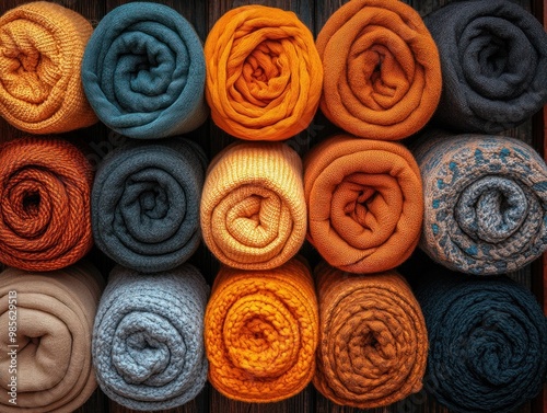 Colorful, rolled up blankets are neatly displayed in a warm, cozy environment