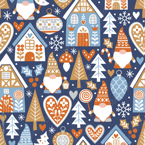 Seamless vector pattern with cute nordic Christmas gnomes and gingerbread houses and. Hand drawn Christmas gingerbread village. EPS 10 vector file. Perfect for textile, wallpaper or print design.