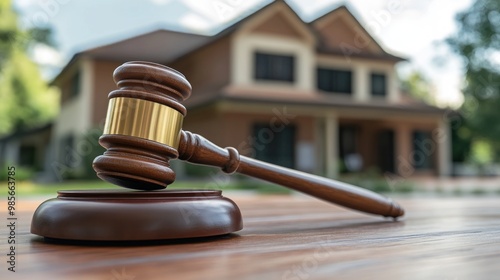 Wooden gavel on a wooden table with a house in the background.