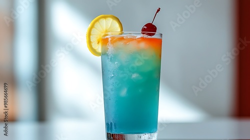 A vibrant Blue Lagoon cocktail in a tall glass, bright blue liquid, garnished with a lemon slice and maraschino cherry, on a pure white background, crisp lighting, tropical summer vibes.