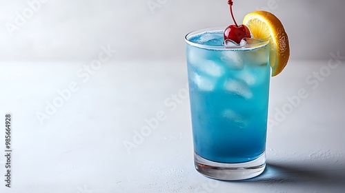 A vibrant Blue Lagoon cocktail in a tall glass, bright blue liquid, garnished with a lemon wedge and maraschino cherry, on a pristine white background, crisp and refreshing lighting.