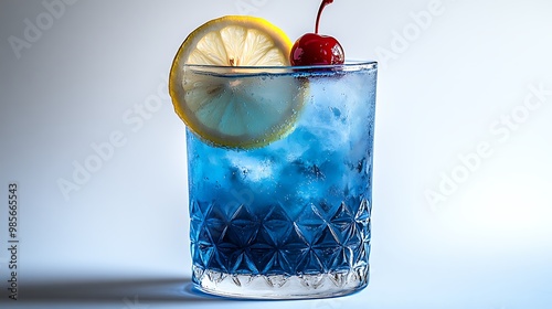 A vibrant Blue Lagoon cocktail in a tall highball glass, bright blue liquid, garnished with a lemon slice and maraschino cherry, on a pure white background, bright lighting, crisp and refreshing feel.