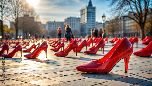 Red high-heeled shoes arranged in a public space symbolizing awareness against violence toward women