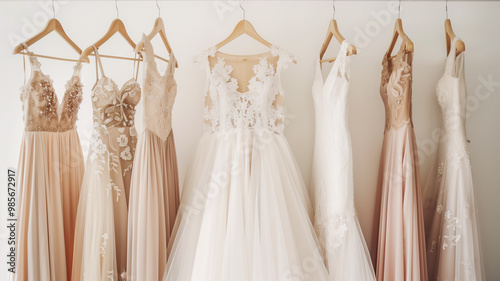 elegant wedding dresses hanging on a rack, perfect for bridal boutiques and wedding planners.