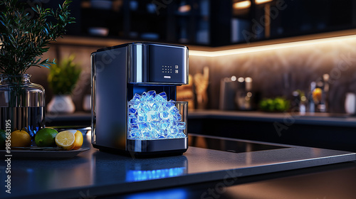 a photostock image of a compact home ice maker in augmented reality, with ice type options, production capacity, and water reservoir details in a digital kitchen