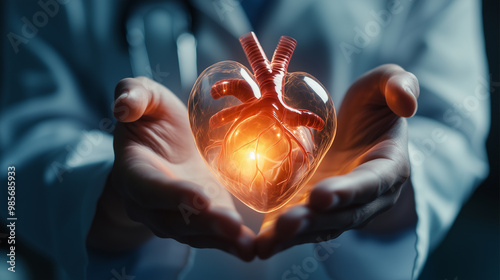 A doctor holds a red heart in his hands. Concept of care and compassion, as the doctor is likely holding the heart for a patient or a loved one. The red color of the heart symbolizes love