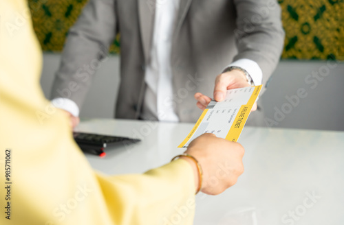 Airport check in counter desk with airline boarding pass ticket