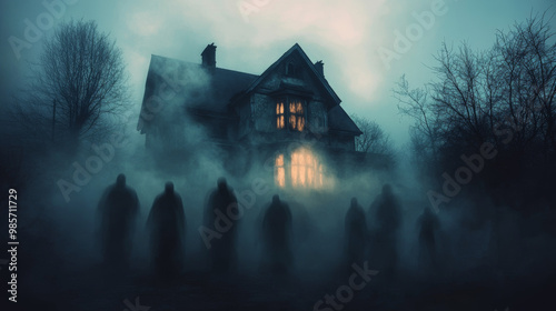 Three ghostly apparitions float outside a spooky, abandoned house surrounded by thick fog, creating a chilling haunted scene. 