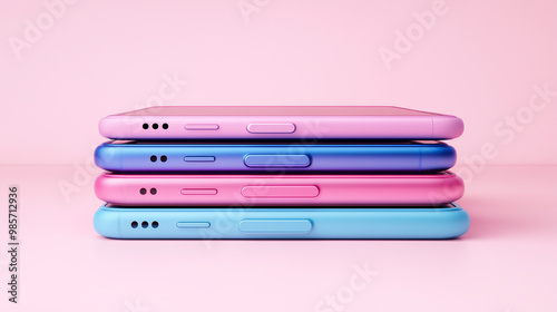 A stack of cell phones on a pink background. The phones are of different sizes and colors, and they are piled on top of each other. Concept of clutter and disorganization