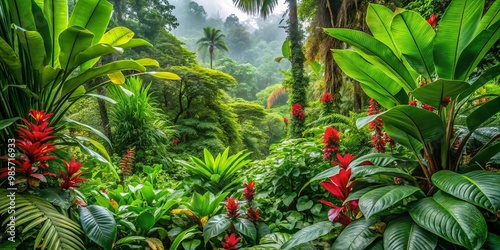 Lush green vegetation and vibrant flowers entwine in the dense undergrowth of the tropical rainforest, a kaleidoscope