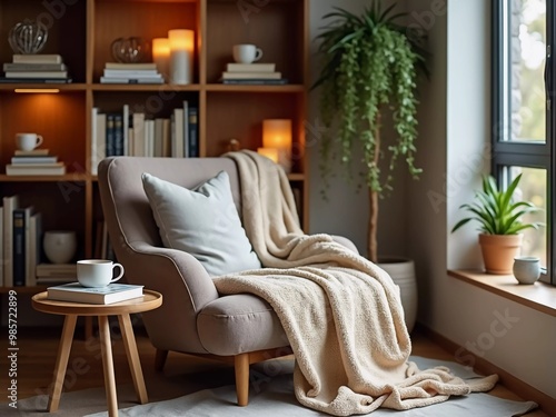 Cozy reading nook with a plush armchair, soft blanket, and warm lighting, creating an inviting atmosphere for relaxation and leisure in a beautifully styled home library full of books and plants