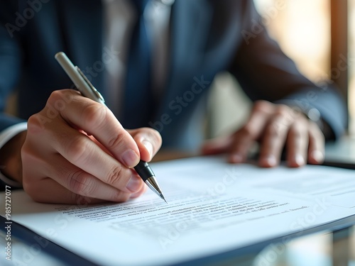 A close-up shows a person's hands signing a document on a desk, holding a pen, Close up of a Businessman Signing a Business Contract on Office Desk.