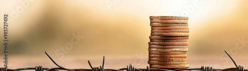 A stack of coins trapped behind a barbed wire fence, representing restricted trade, financial blockade, economic sanctions