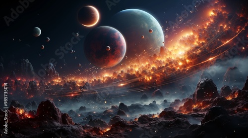 A colorful space scene with multiple planets and stars.