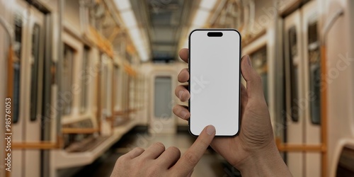 Caucasian White male using smartphone with a blank white screen. Empty metro, train interior, public transportation apps mockup. Vertical phone orientation