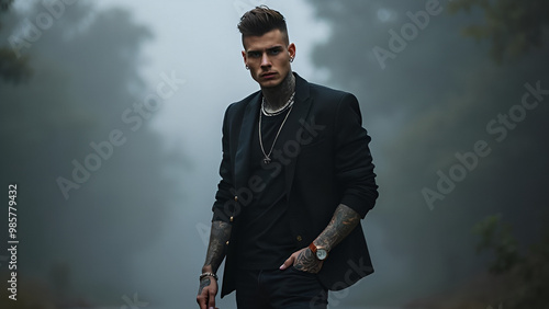 Trendy hispanic male model, with short hair, wearing plain black t-shirt and black blazer jacket over the top, tattoos and jewelry , man with bad boy vibes over dark foggy background