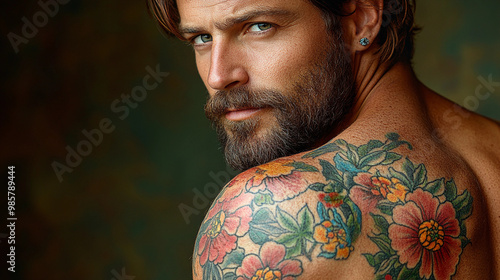 A man with a beard and tattoos on his arm. The tattoos are colorful and flowery. He is looking at the camera with a smile on his face