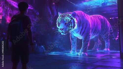 A digital 4D animal kingdom with robotic pets and magical creatures, creating a futuristic zoo filled with glowing animals and interactive wildlife in a captivating scene 