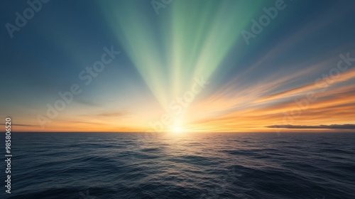 Aurora Australis, light beams across southern skies, open ocean.