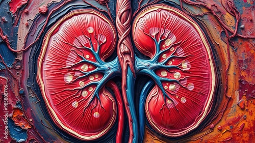 A colorful illustration of a kidney's internal structure, depicting the cortex's renal corpuscles and tubules