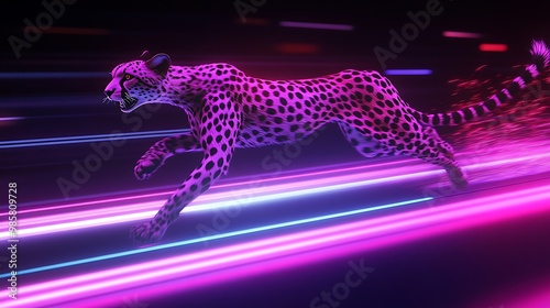 Energetic Cheetah of Light: Futuristic Laser-Beam Predator Racing on Neon Track for Speed and Power