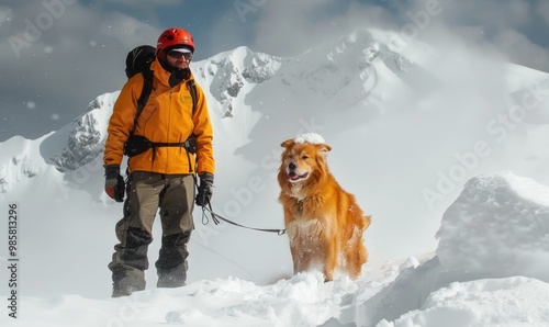 A rescuer and a golden retriever dog search for people in the snow after an avalanche in the mountains.