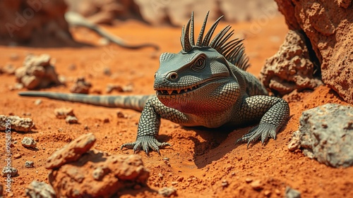 A menacing, monitor-like lizard with a spiky crest and razor-sharp teeth, camouflaged among dry, rust-red sand and jagged rock formations in a scorching desert environment.