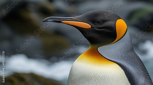 A close-up shot of a king penguin (Aptenodytes patagonicus) captured at Gold Harbour, South Georgia Island 