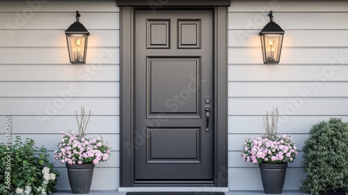 Small square ornamental windows and flower pots in front of a gray front door