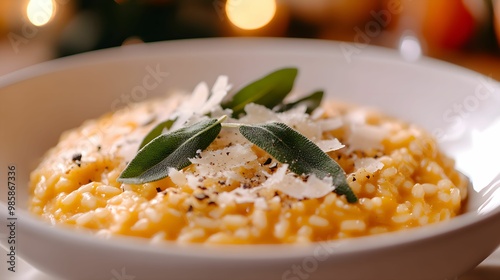 risotto, dynia, szałwia, kremowe, elegancja, ser, parmezan, trufla, oliwa, delikatność, fine dining, jesień, ciepłe, talerz, danie, restauracja, luksus, świeżość, garnir, zioła, tekstura, dekoracja, 