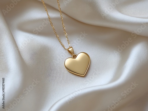 Gold heart pendant necklace on a white satin background.