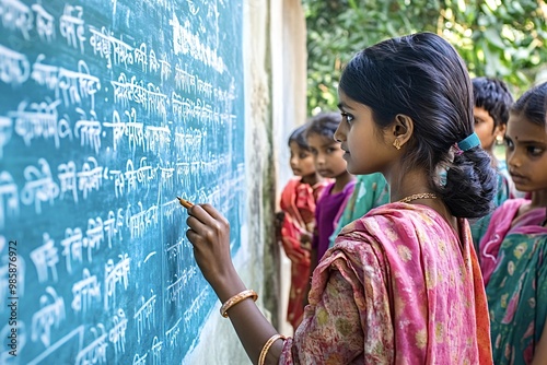 Young indian girl writes on a chalkboard at school, with classmates watching attentively. Traditional clothing adds cultural authenticity