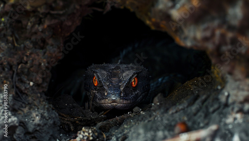 A basilisk emerging from a dark cave, its eyes glowing ominously