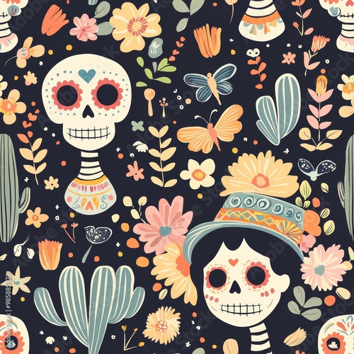 A Festive La Catrina with a Joyful Expression, Her Hat Adorned with Elegance, in a Vibrant Mexican Celebration Setting, Embracing the Spirit of Dia de los Muertos, seamless pattern