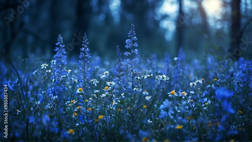 Wildflowers in spring forest at night, blue Herb Trinity in bloom, moody and atmospheric