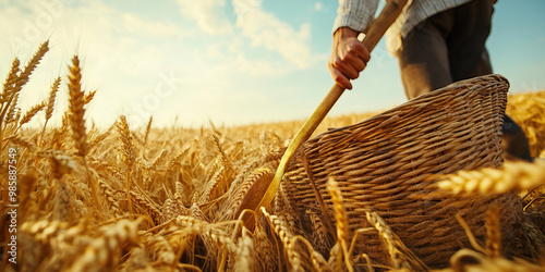 Simple Harvest: A wheat field in the distance, a rustic wooden basket on the ground, and a farmer's calloused hand holding a golden scythe.