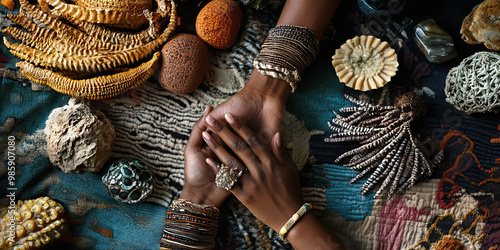 Touchstone Explorations: Hands delicately arranging an assortment of textured items, inviting viewers to touch and feel.