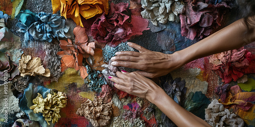 Touchstone Explorations: Hands delicately arranging an assortment of textured items, inviting viewers to touch and feel.