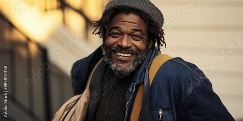 A happy and smiling homeless man captured outdoors, highlighting themes of resilience and human spirit.