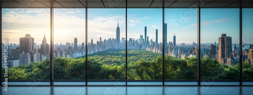 A view of the city from inside an office building, the New York skyline visible through glass windows. Trees can be seen outside, with towering skyscrapers in the distance. 