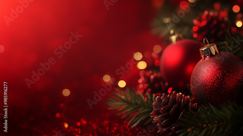 Close-Up of Red Christmas Ornaments with Pine Cones on a Red Background. Festive Christmas decorations featuring red ornaments and pine cones, set against a vibrant red background, creating a warm hol