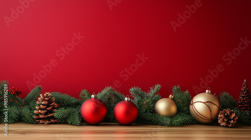 Close-Up of Red Christmas Ornaments with Pine Cones on a Red Background. Festive Christmas decorations featuring red ornaments and pine cones, set against a vibrant red background, creating a warm hol