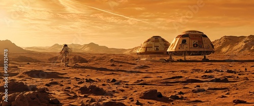 Two astronauts are seen on the Martian surface with futuristic habitats in the background, under the golden Martian sunset. The image portrays human exploration and colonization of Mars.