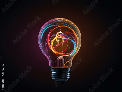 Creative light bulb with colorful neon trails against a dark background.