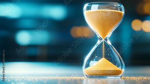 A close-up of a clear hourglass with flowing sand, symbolizing the passage of time and the importance of time management.