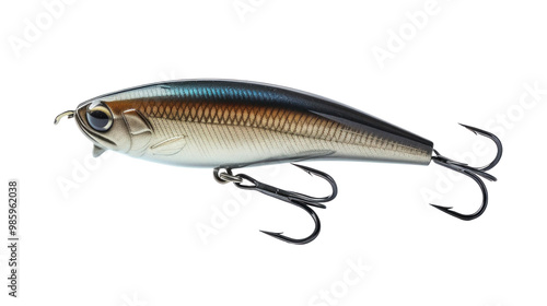 A shiny fishing lure lies on a flat surface, ready for summer fishing in freshwater lakes, featuring a realistic finish and treble hooks for better bait presentation.