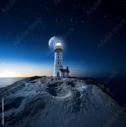 A white lighthouse stands tall on a cliff, illuminated by its own beacon and the soft glow of a crescent moon, with a starry night sky above.