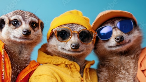 Three meerkats dressed in bright yellow and orange hoodies with caps and sunglasses, standing against a blue background, showcasing their fashionable side with adorable charm.