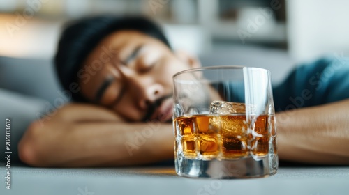 A person rests with their head on their arm near a glass of whiskey, symbolizing relaxation and respite from daily life, evoking a serene and introspective atmosphere.